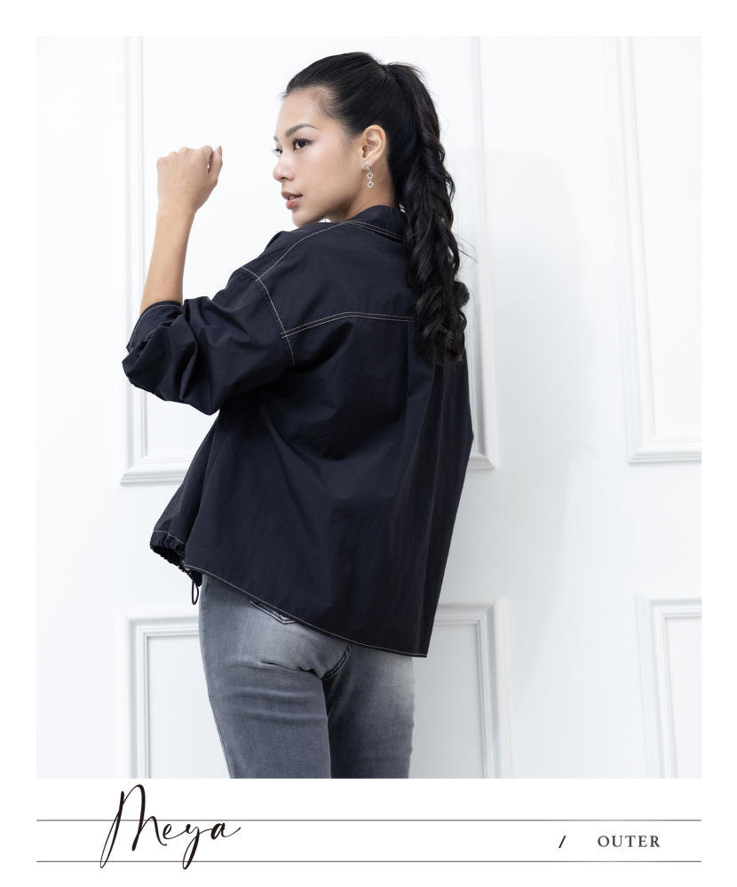 반팔 反車線立領罩衫  / 黑色