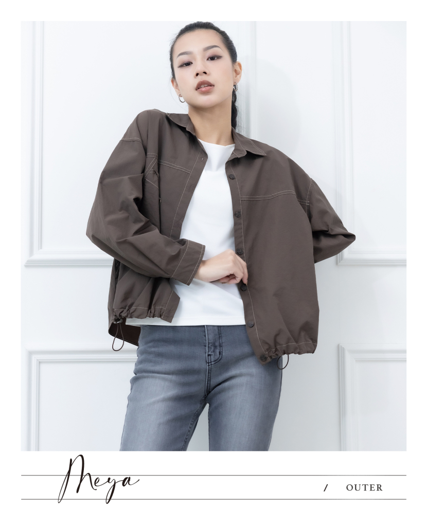 반팔 反車線立領罩衫  / 深棕色