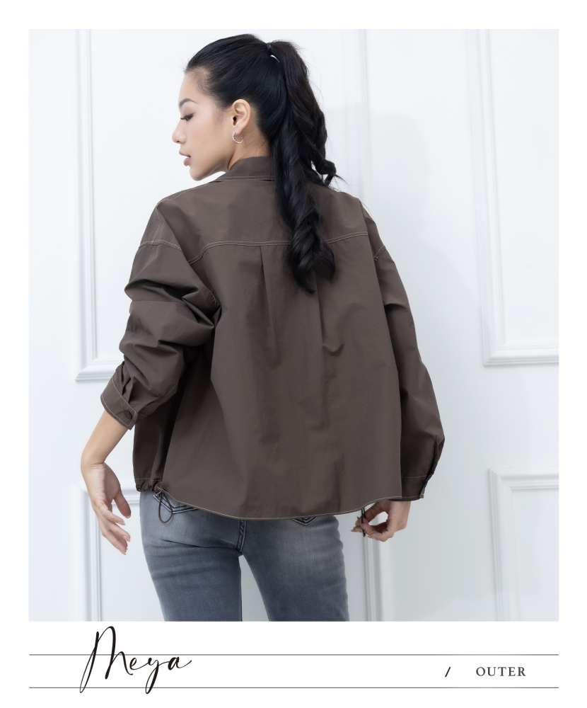 반팔 反車線立領罩衫  / 深棕色