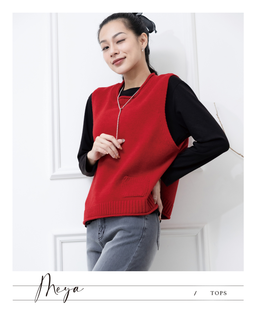 반팔 圓領背心 領口下擺捲邊設計 / 紅色