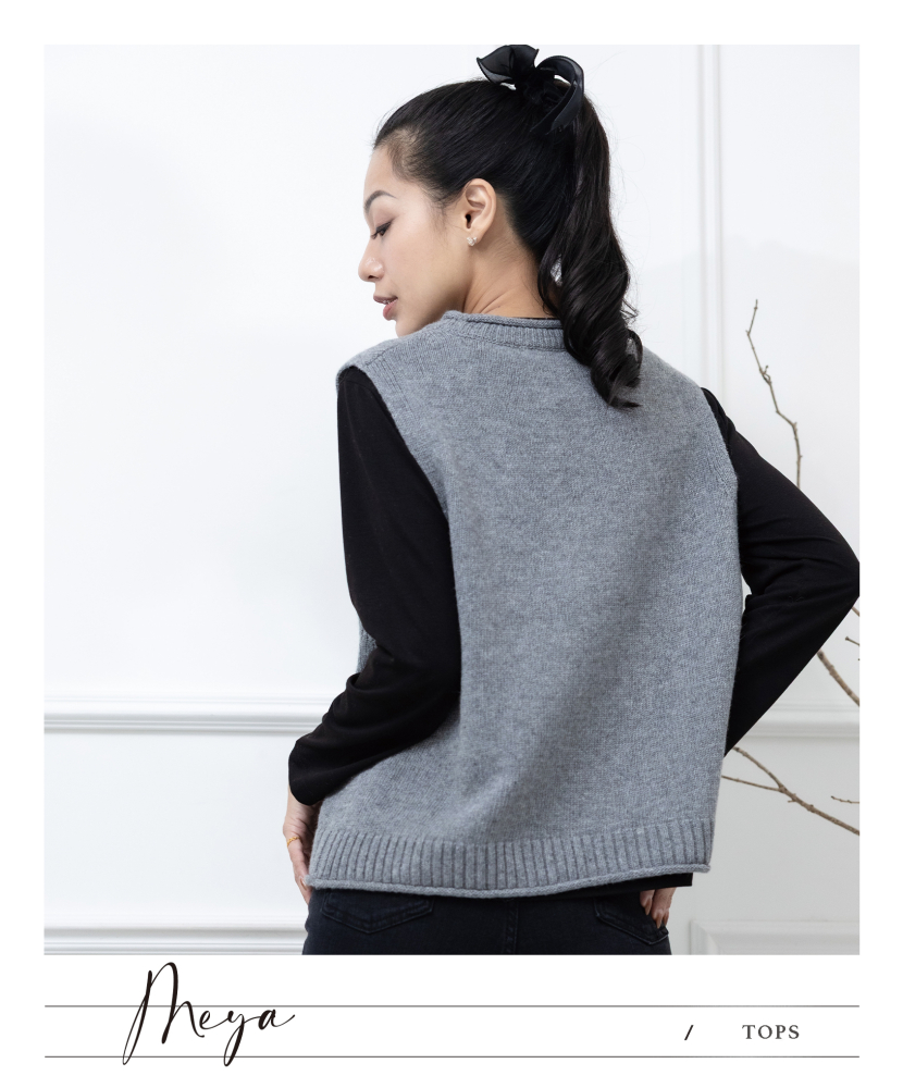 반팔 圓領背心 領口下擺捲邊設計 / 花灰色