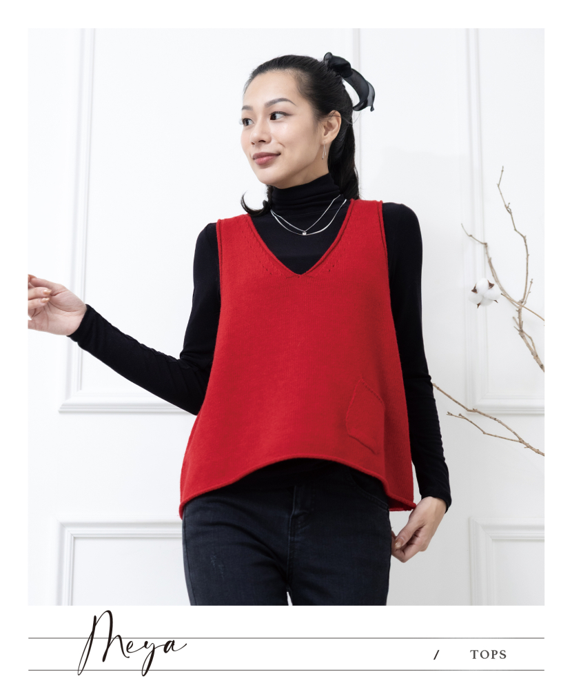 반팔 v領背心 領口下擺捲邊設計 / 紅色