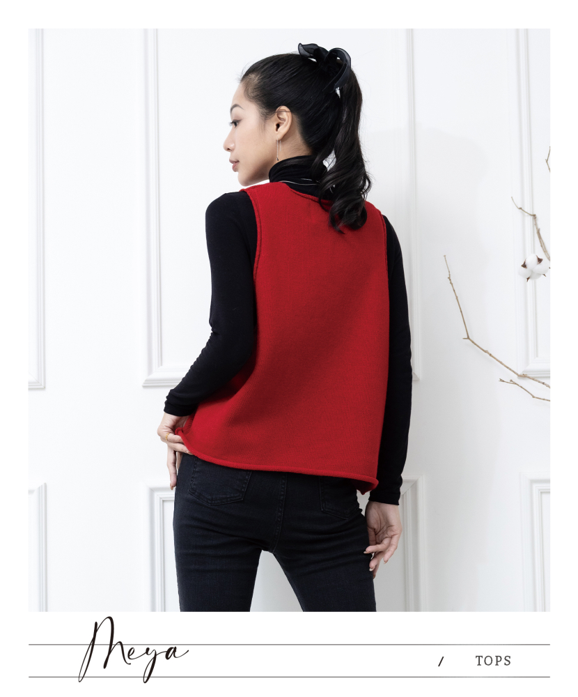 반팔 v領背心 領口下擺捲邊設計 / 紅色
