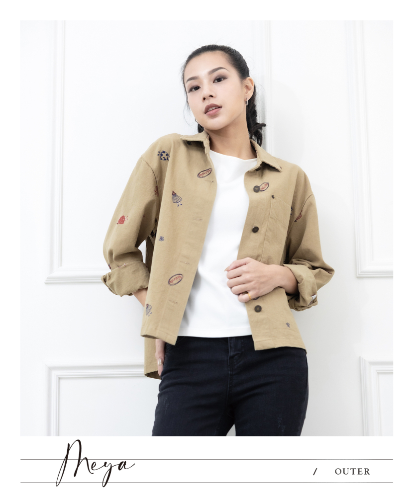 반팔刺繡圖樣襯衫 小人物圖樣 / 棕綠色