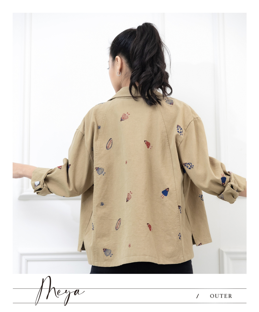 반팔刺繡圖樣襯衫 小人物圖樣 / 棕綠色