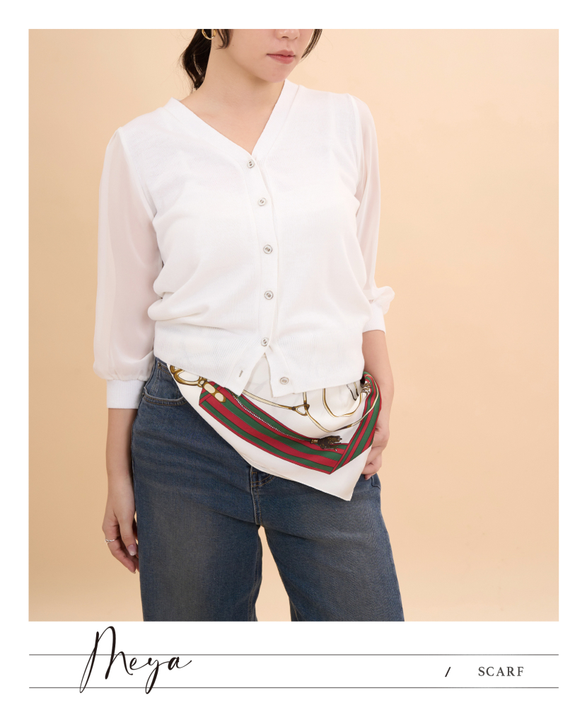 紅綠緞帶框 金色鏈條 方巾 / 米色底