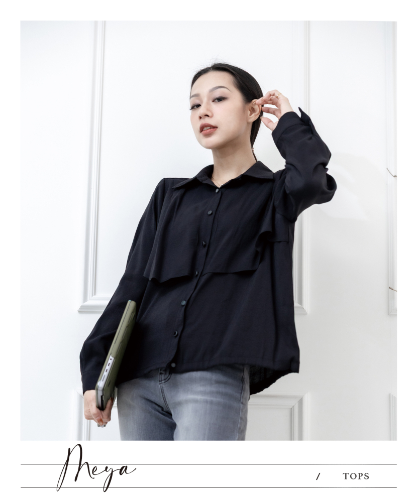 假兩件紋理雪紡襯衫  /  黑色