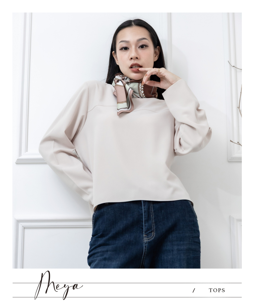 簡約下擺綁帶裝飾長袖上衣 / 杏色