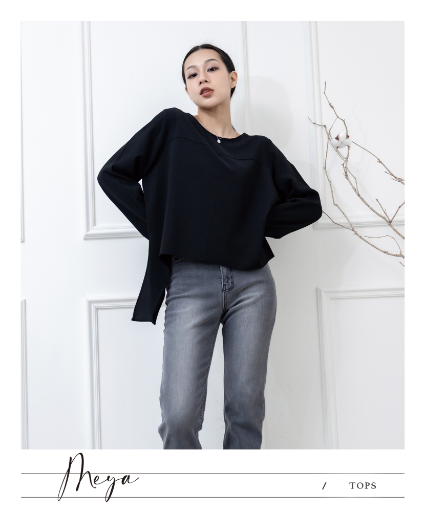 簡約下擺綁帶裝飾長袖上衣 / 黑色