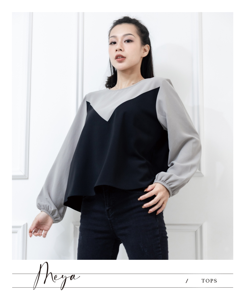 拼接長袖上衣 黑/卡其綠