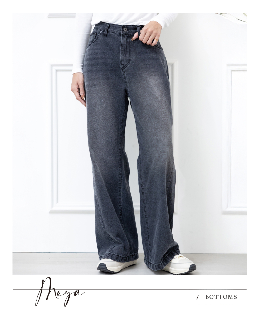 刷色牛仔褲 無鬆緊 褲頭鈕扣拉 L  / 炭灰色