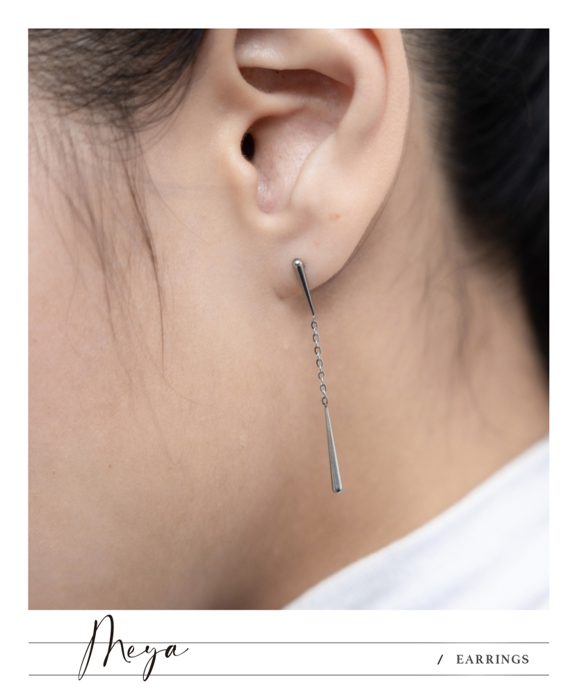 細水滴短鏈相連 垂墜式耳環/銀色