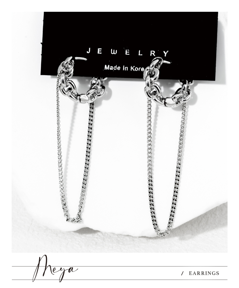 圈型鎖鏈＋長圈型小豆鏈 垂墜式耳環／銀色