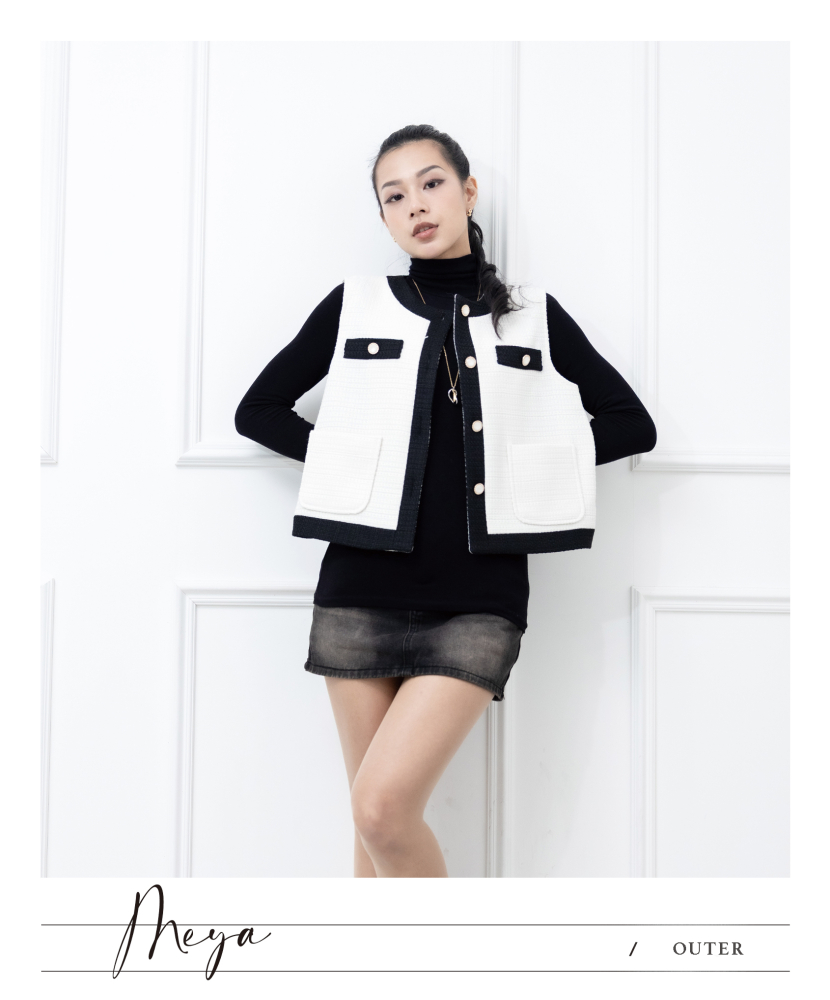 小香風拚色針織背心 / 白底黑色邊