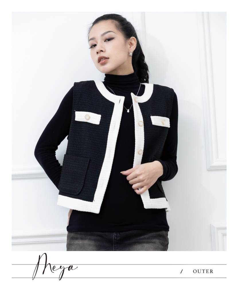 小香風拚色針織背心 / 黑底白色邊