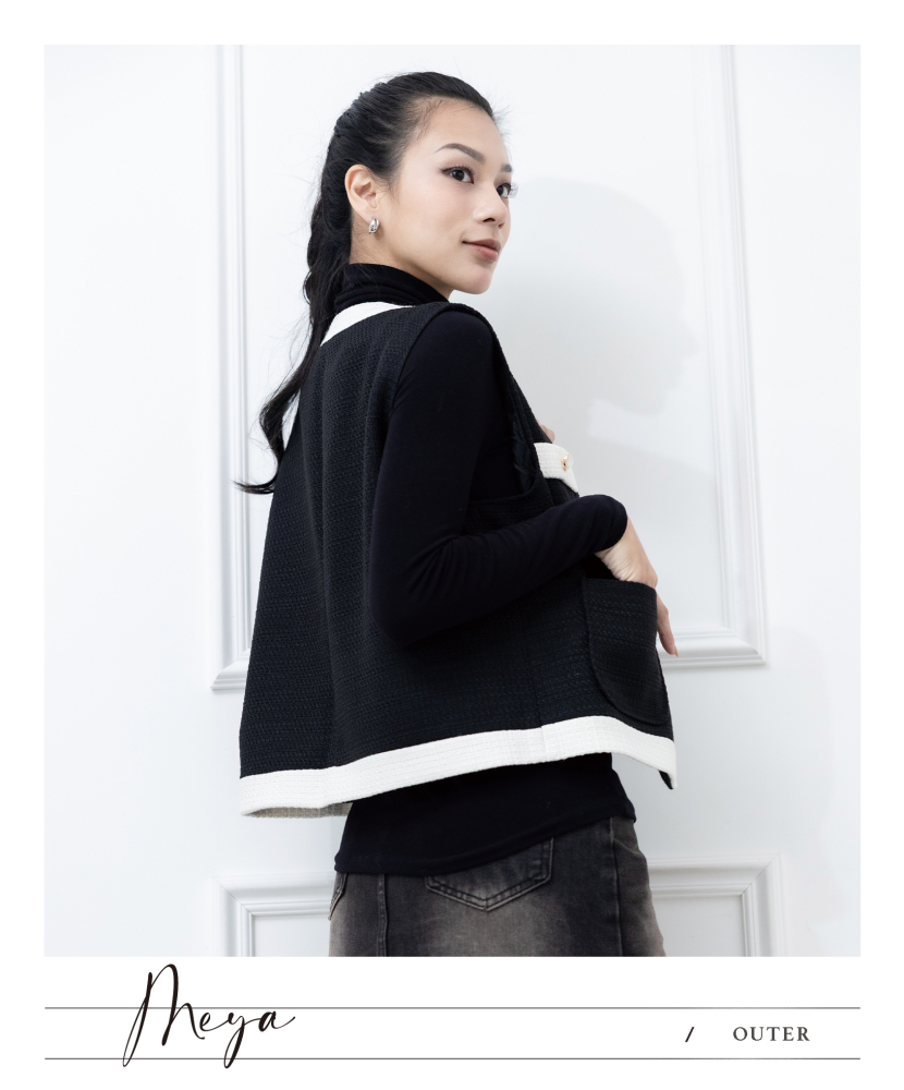 小香風拚色針織背心 / 黑底白色邊