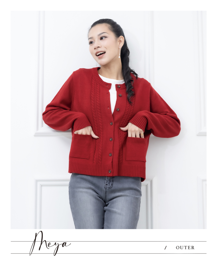 圓領針織開衫 / 紅色