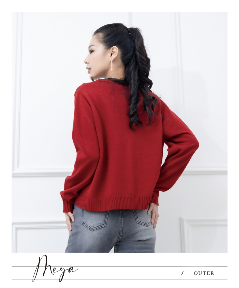 圓領針織開衫 / 紅色