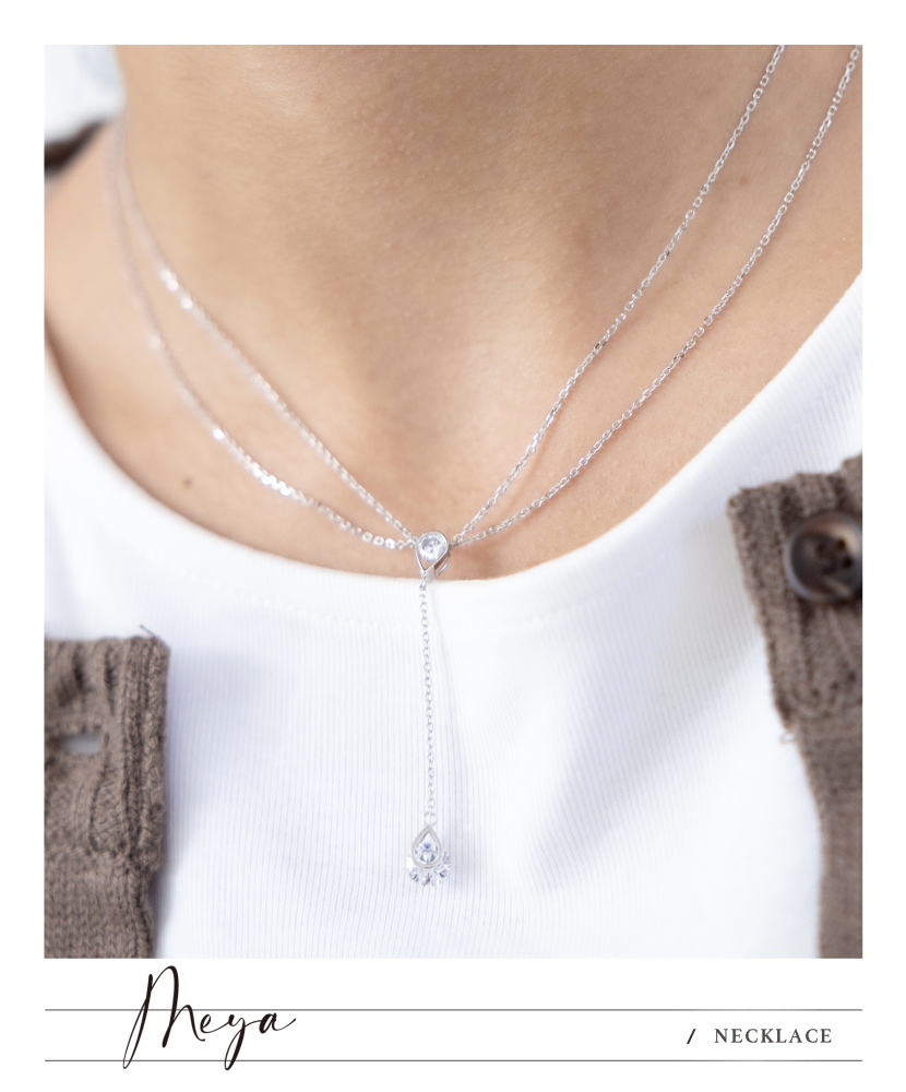 雙層鏈 水滴鋯石垂墜 項鍊／銀色